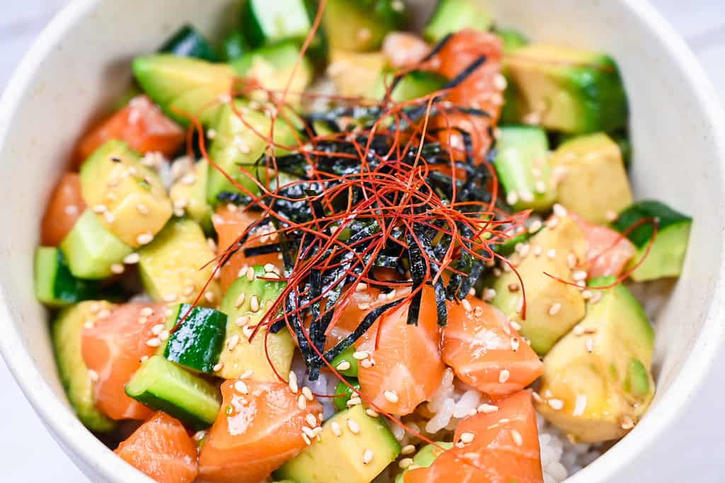 Salmon sashimi donburi close up