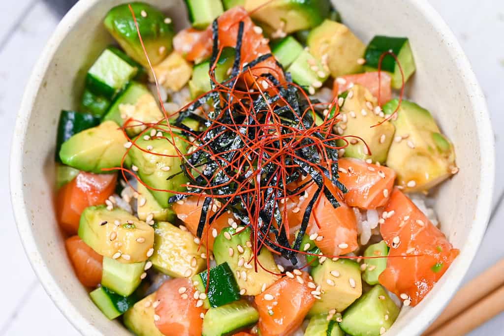 Salmon sashimi don top down