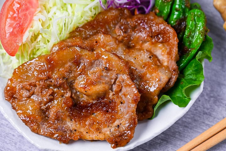 Shogayaki Ginger Pork with shishito peppers and a side salad