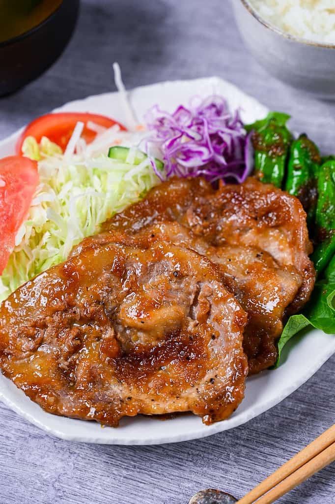 Shogayaki Ginger Pork with shishito peppers and a side salad