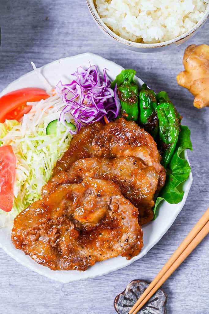 Shogayaki Ginger Pork with shishito peppers and a side salad