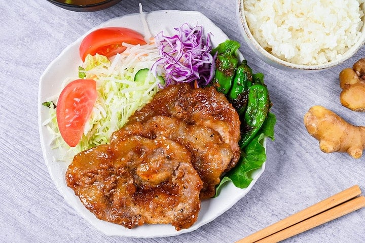 Shogayaki Ginger Pork with shishito peppers and a side salad