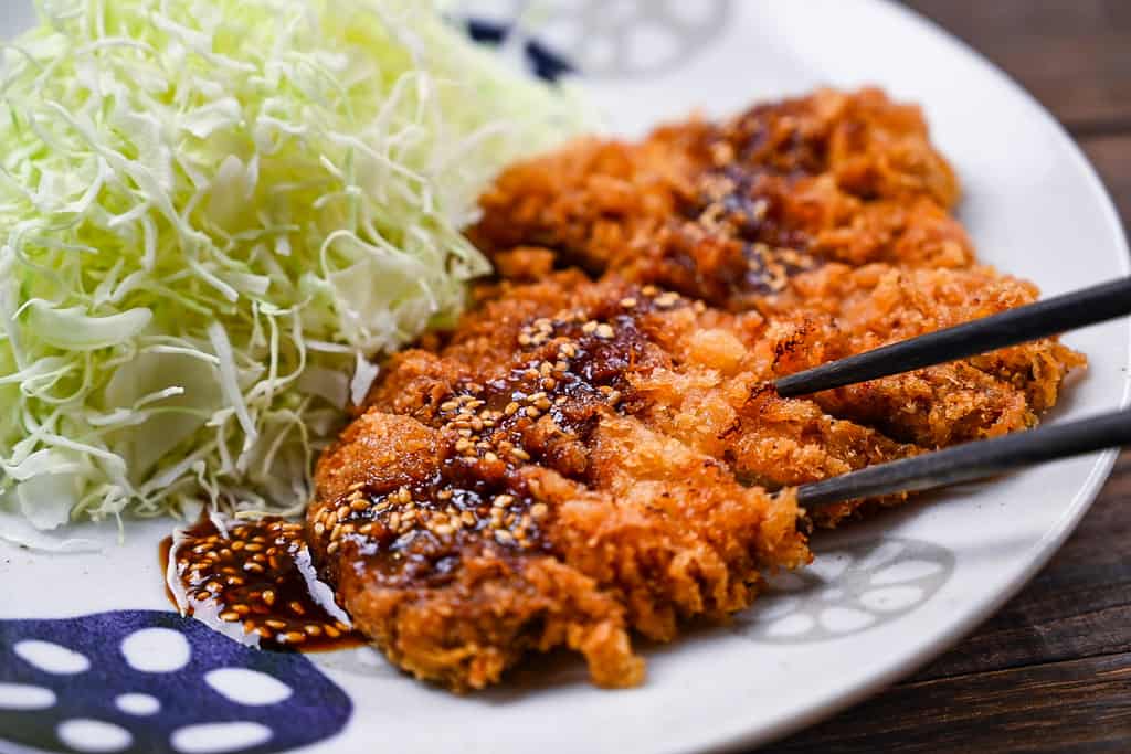 Japanese tonkatsu (deep fried pork cutlet) with cabbage