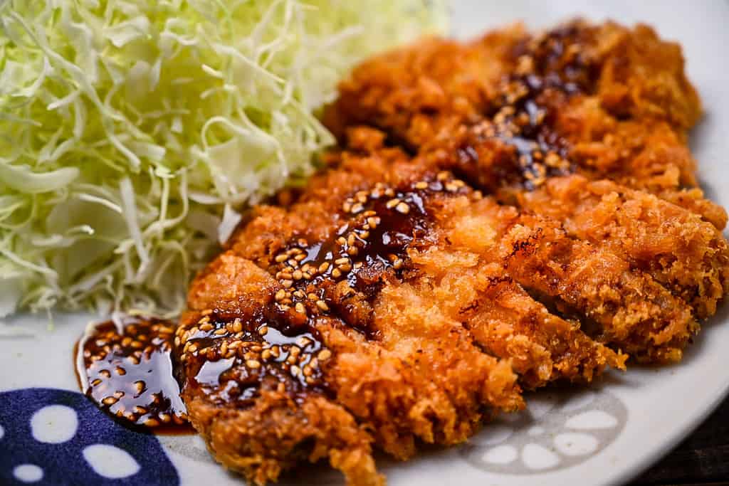 Japanese tonkatsu (deep fried pork cutlet) drizzled with tonkatsu sauce