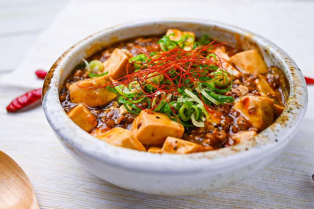 Mabo tofu topped with spring onion and chili threads side view