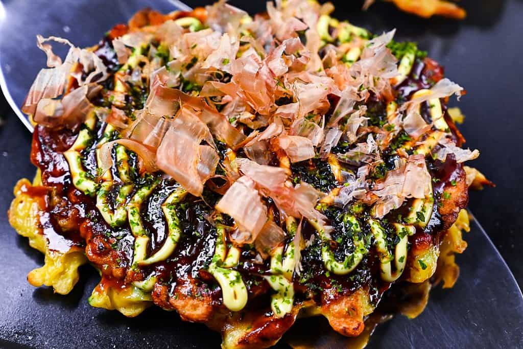 Okonomiyaki on a teppanyaki