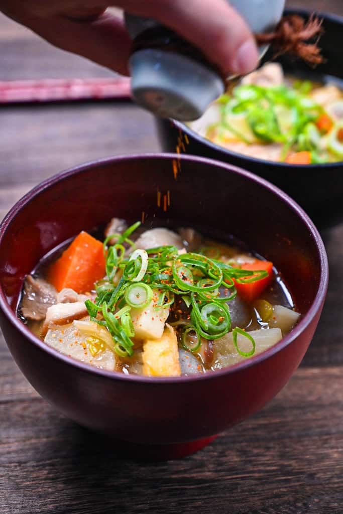 Tonjiru (pork and vegetable miso soup) sprinkled with shichimi