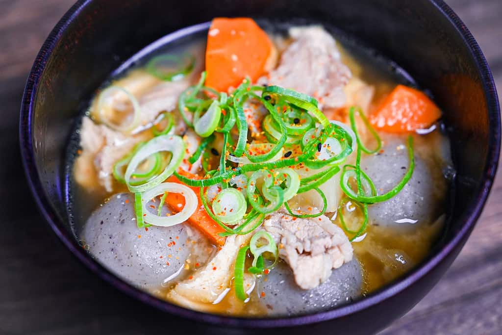 Tonjiru (pork and vegetable miso soup) closeup