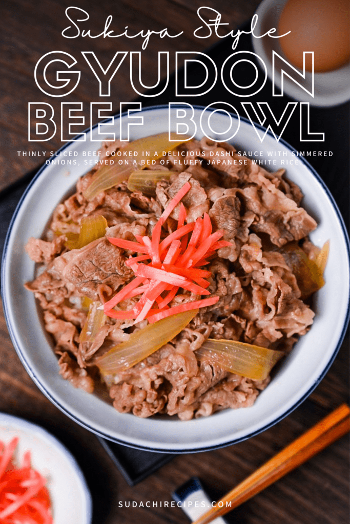 Sukiya style Gyudon beef bowl topped with red pickled ginger