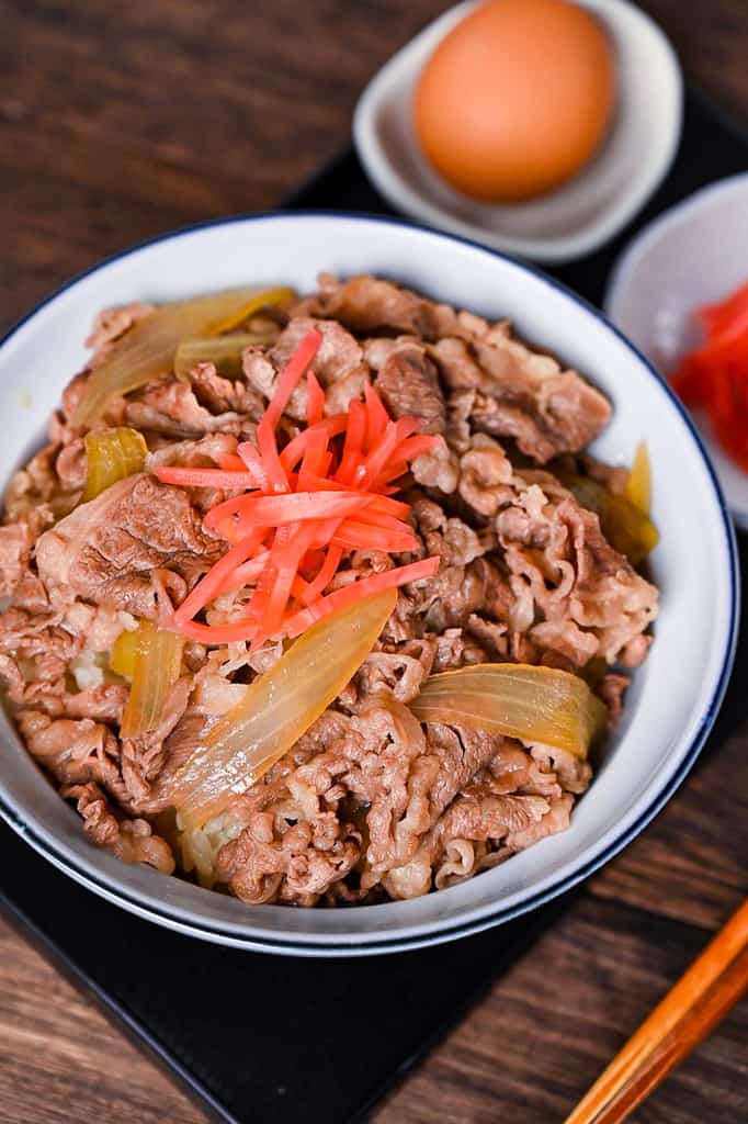 Sukiya style Gyudon beef bowl topped with red pickled ginger