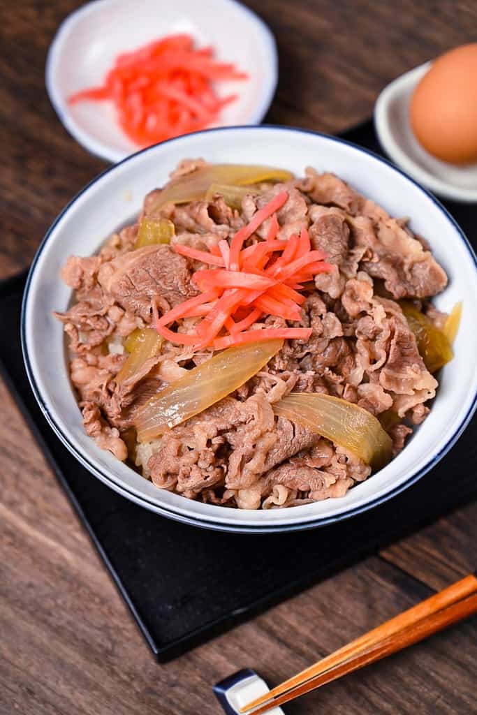 Sukiya style Gyudon beef bowl topped with red pickled ginger