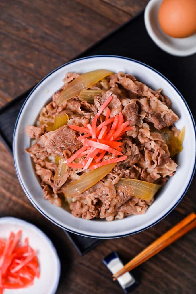 Sukiya style Gyudon beef bowl topped with red pickled ginger