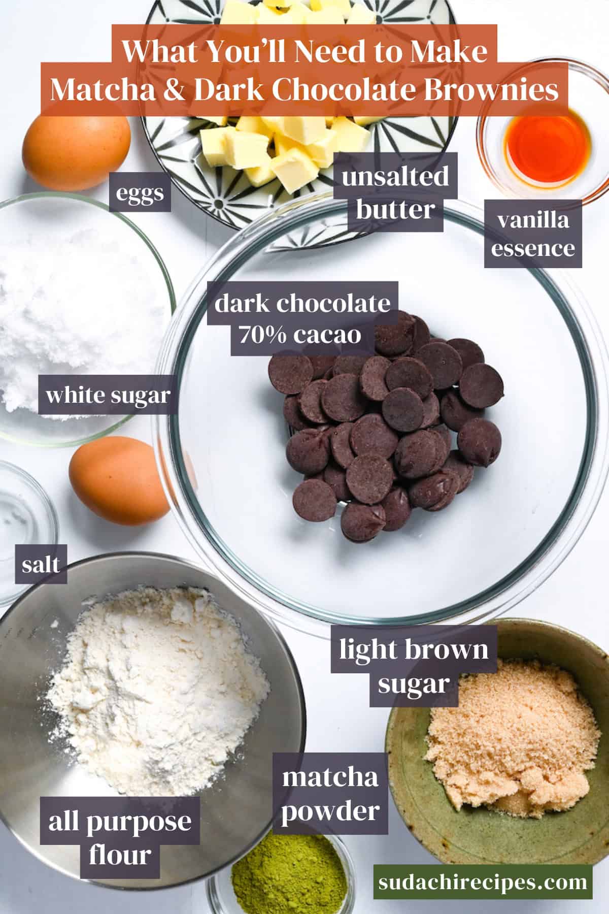 Matcha and dark chocolate brownie ingredients on a white background with labels.