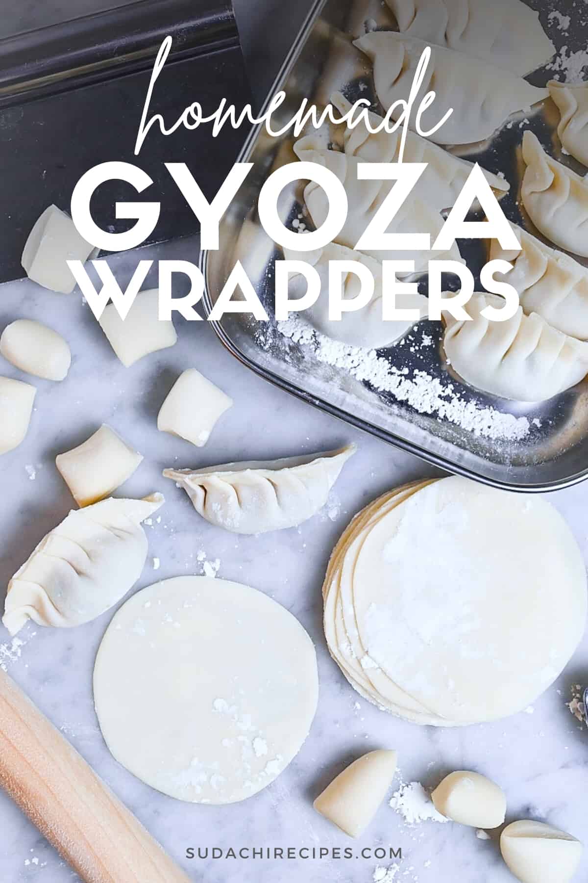 homemade gyoza wrappers in a stack next to a tray of homemade gyoza