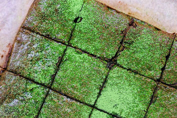 Fudgy matcha and dark chocolate brownies