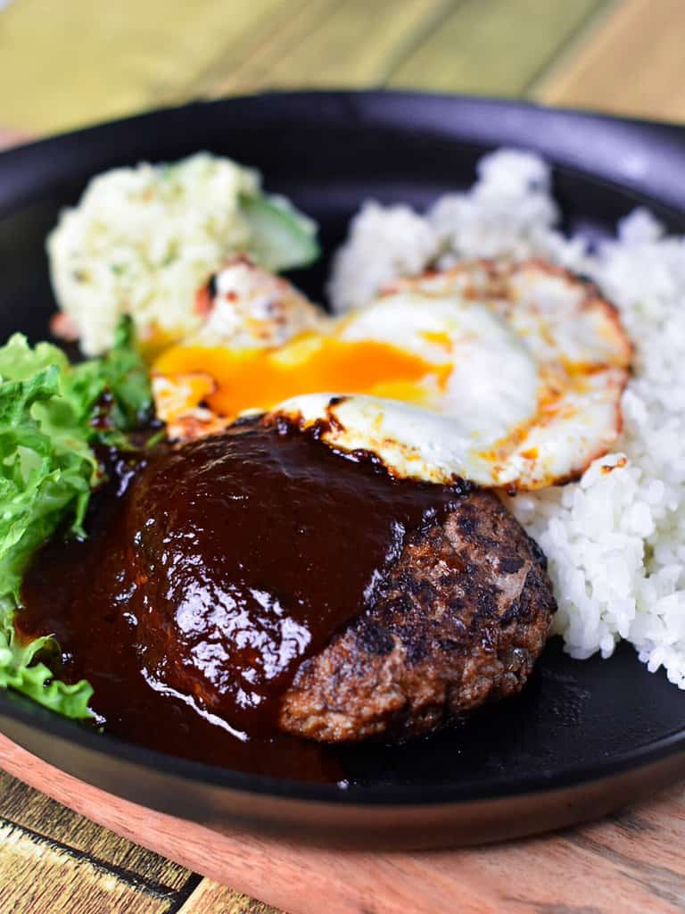 Japanese Hamburg Steak with egg, rice and salad