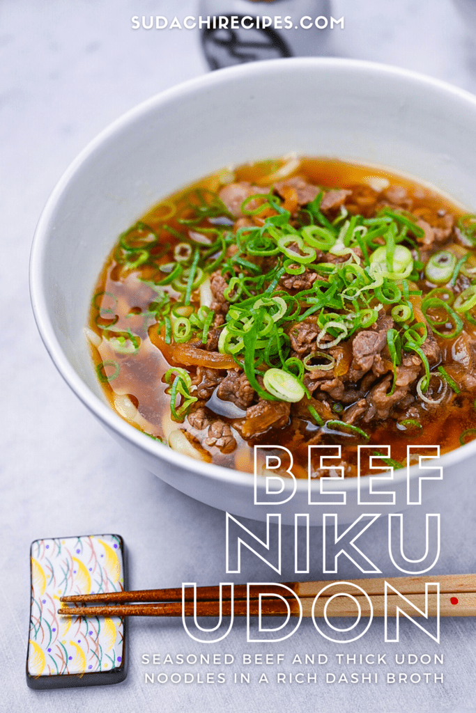 Beef Niku Udon served in a white bowl and topped with spring onion