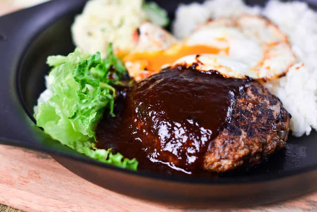 Japanese Hamburg Steak with egg, rice and salad