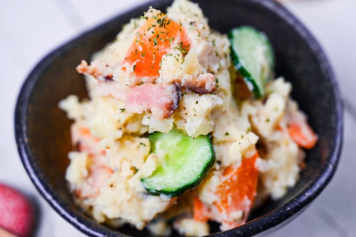 Creamy Japanese potato salad made with bacon, carrots and cucumber
