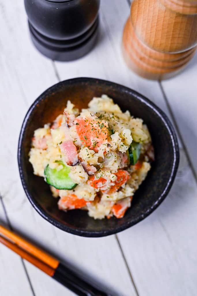 Creamy Japanese potato salad made with bacon, carrots and cucumber