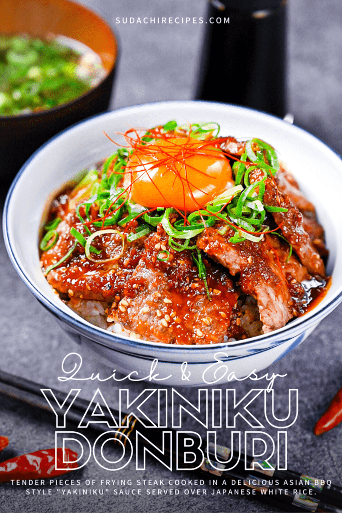 Yakiniku style beef bowl (Yakiniku donburi) topped with spring onion and an egg yolk