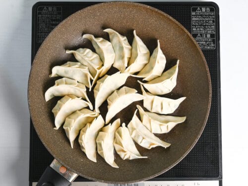 tofu and vegetable gyoza frying in a pan