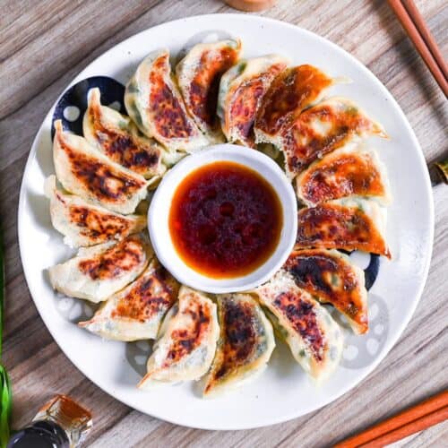 pan-fried tofu and vegetable gyoza on a white plate arranged in a circle around a bowl of gyoza dipping sauce