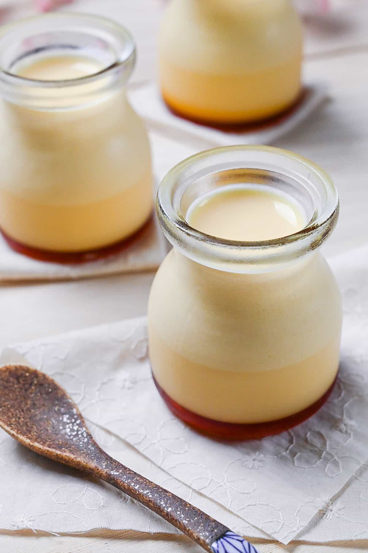Japanese style custard pudding (purin) in glass jars