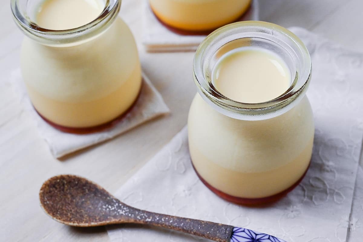 Japanese style custard pudding (purin) in glass jars 45%