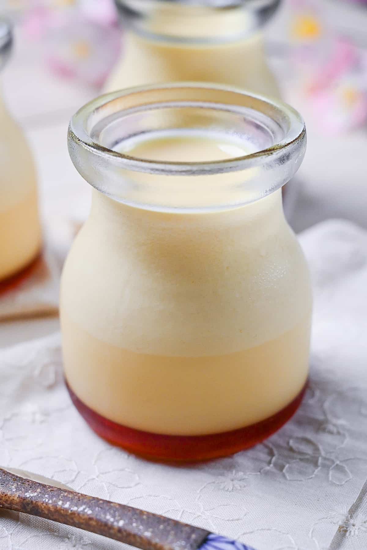 Japanese style custard pudding (purin) in glass jars
