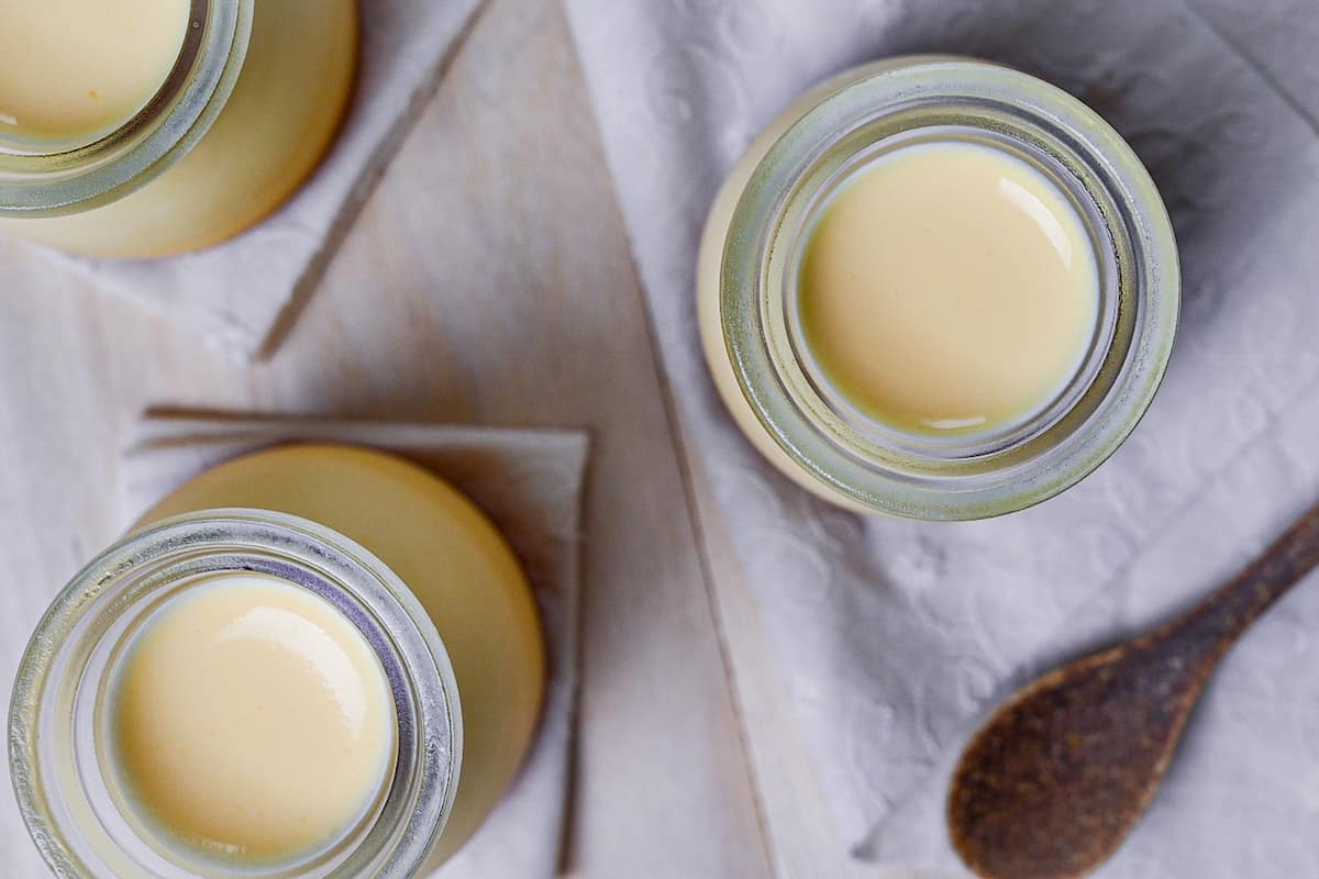 Japanese style custard pudding (purin) in glass jars top down