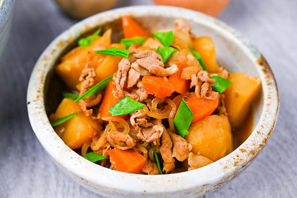 Japanese Nikujaga Meat and Potato Stew close up