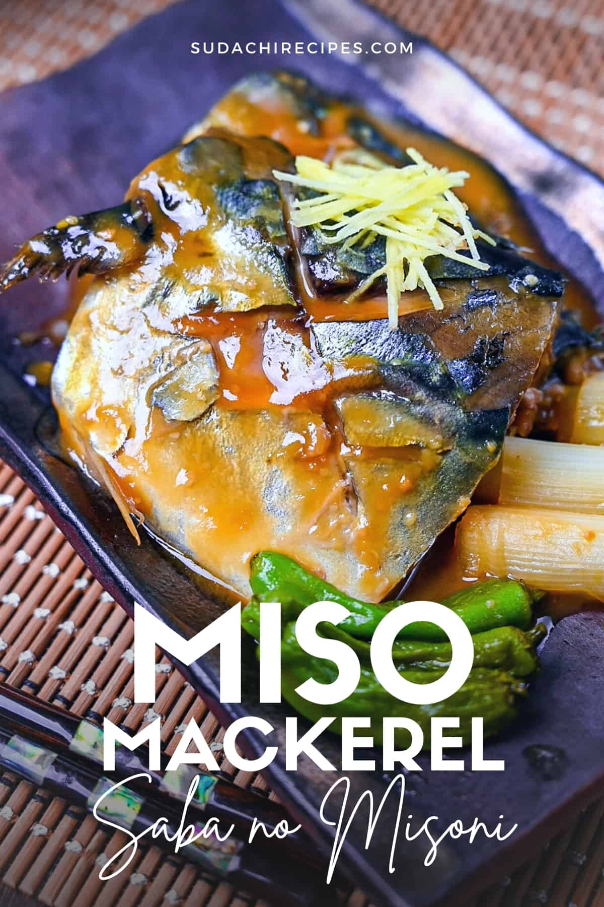 Saba no Misoni (Miso Mackerel) on a black plate with spring onion and shishito peppers