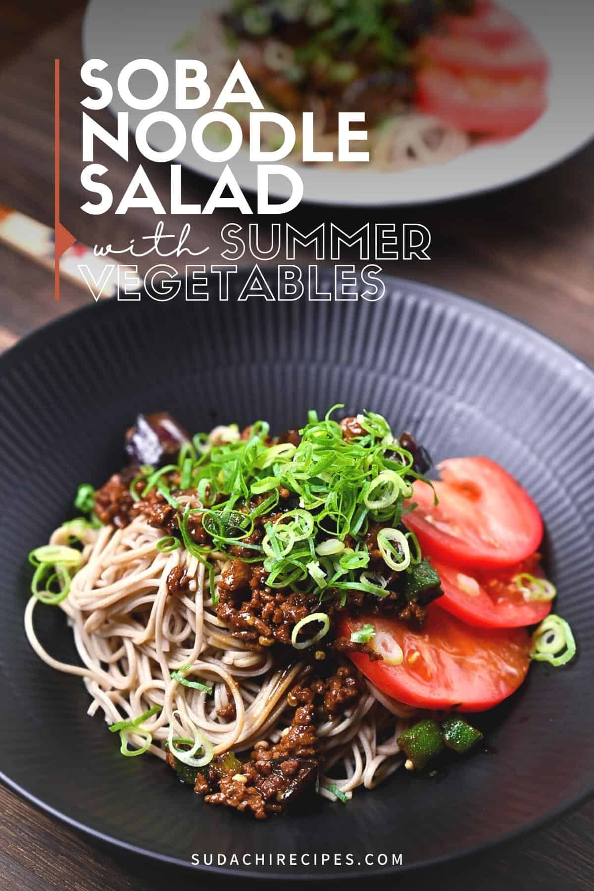 Soba noodle salad with summer vegetables served on a black plate