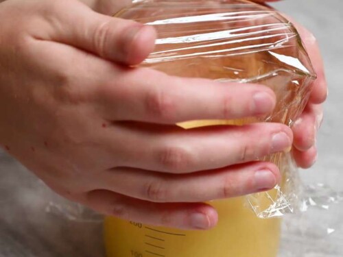 Making dorayaki: transferring the mixture to a jug and refrigerating