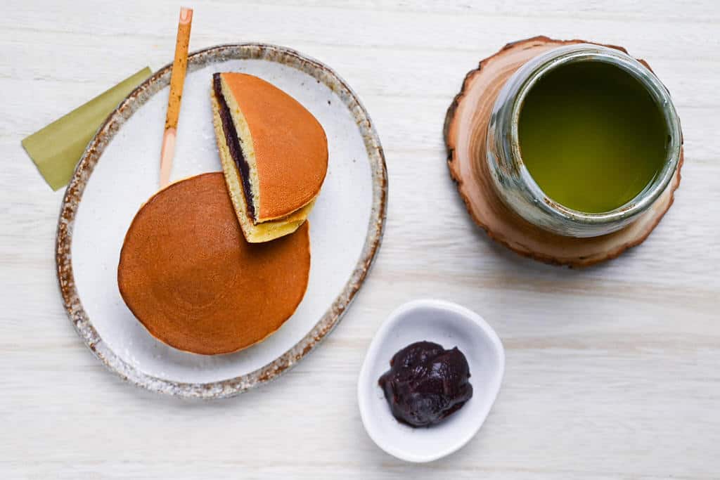 dorayaki and green tea overhead view