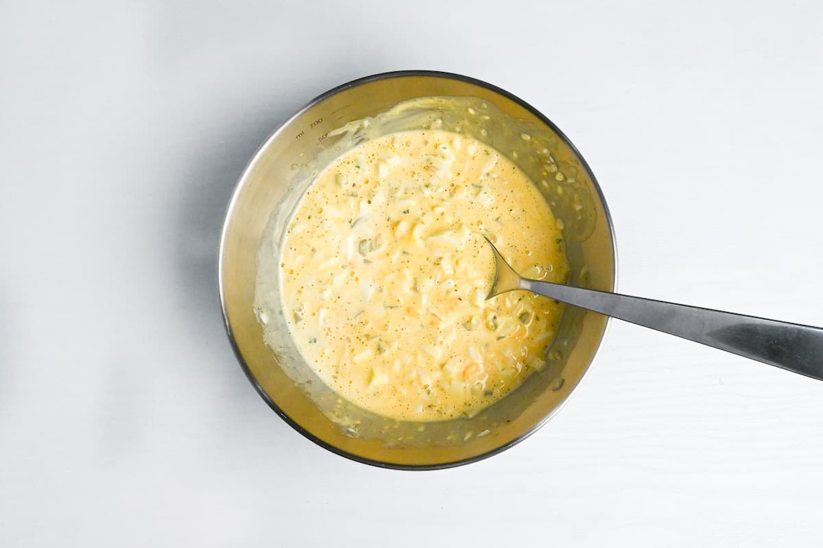 simple Japanese style tartar sauce in a steel mixing bowl