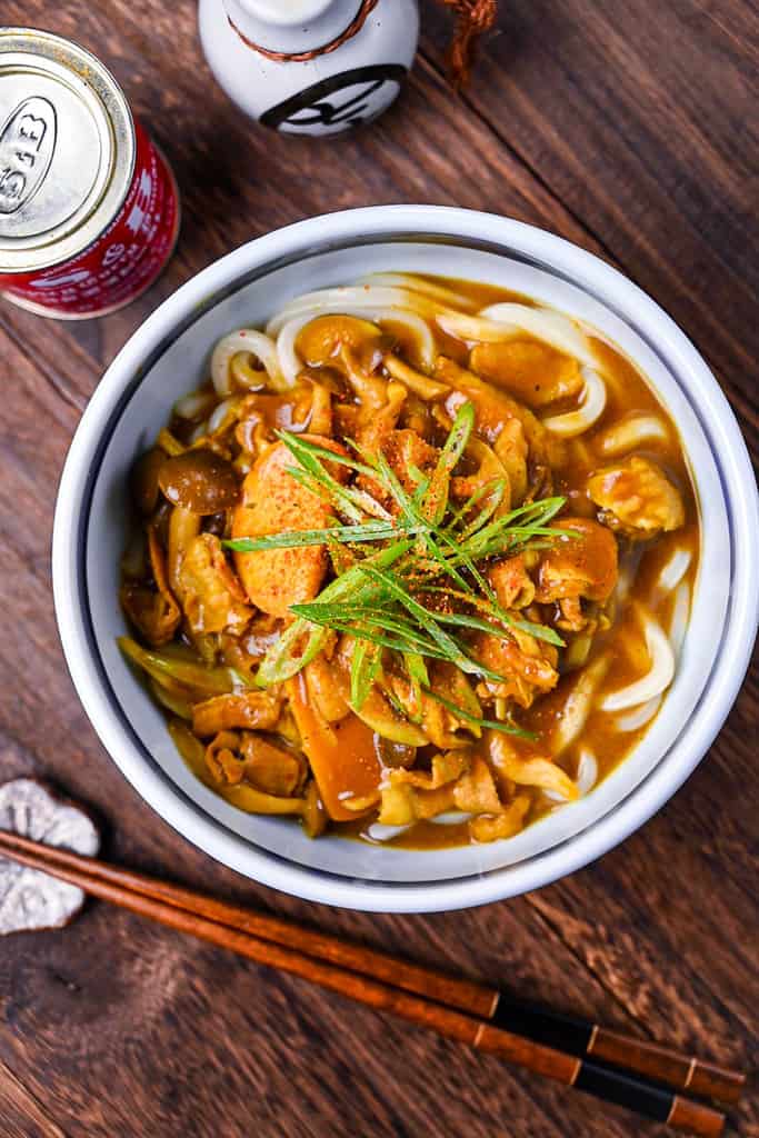 Japanese curry udon topped with chopped spring onions