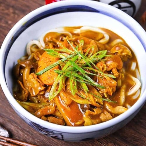 Japanese curry udon topped with chopped spring onions