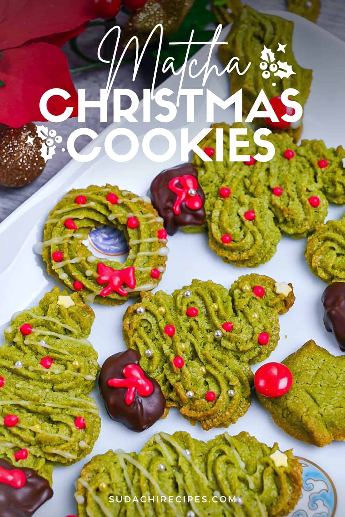 Matcha christmas cookies shaped like christmas trees, wreaths and holly