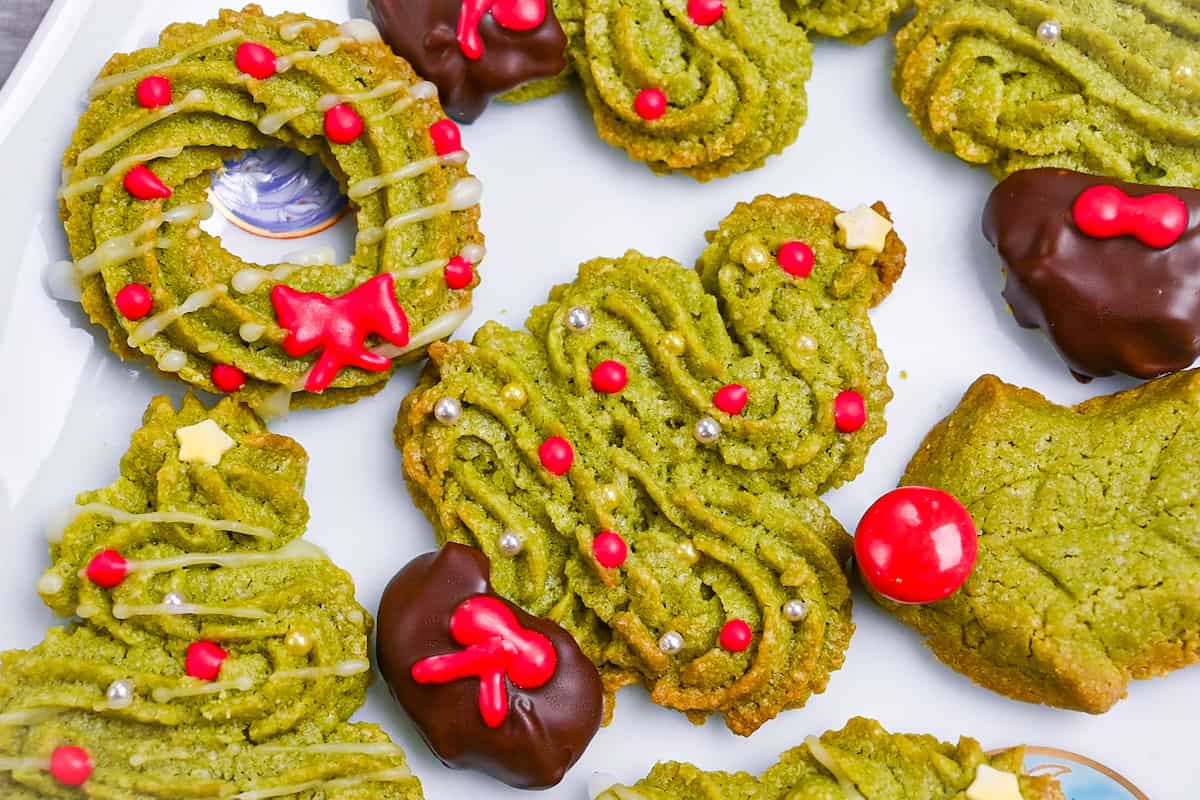 Matcha green tea christmas cookies close up