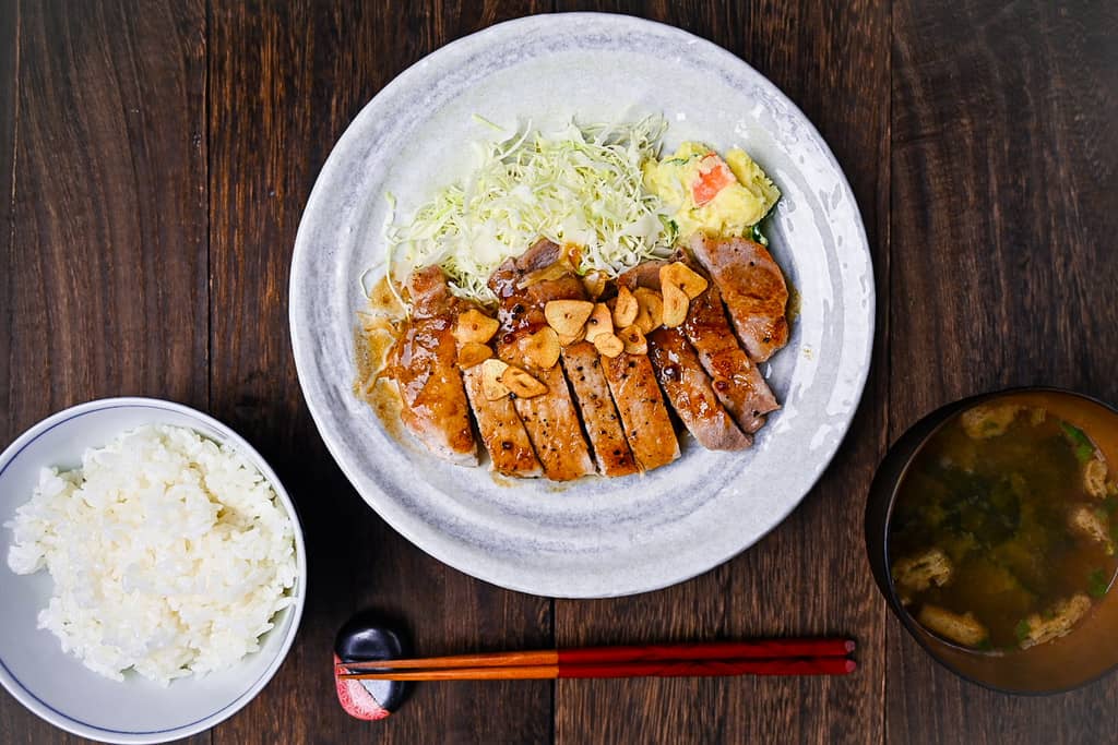 Japanese tonteki pork steak served with rice and miso soup as a teishoku set meal