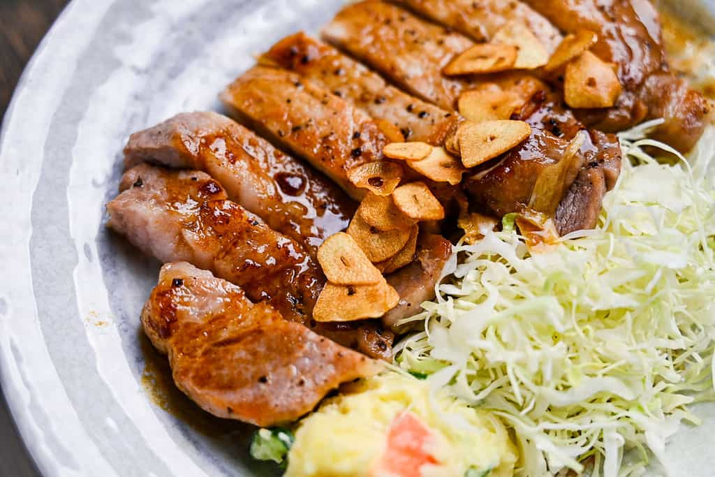 Japanese tonteki pork steak close up