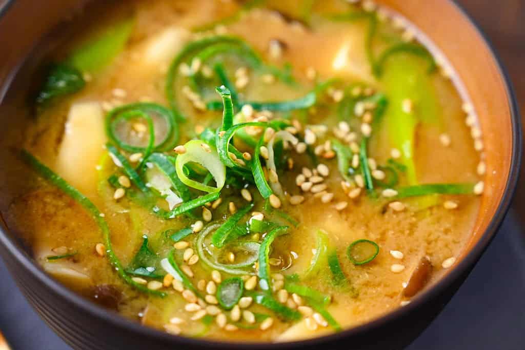homemade miso soup close up