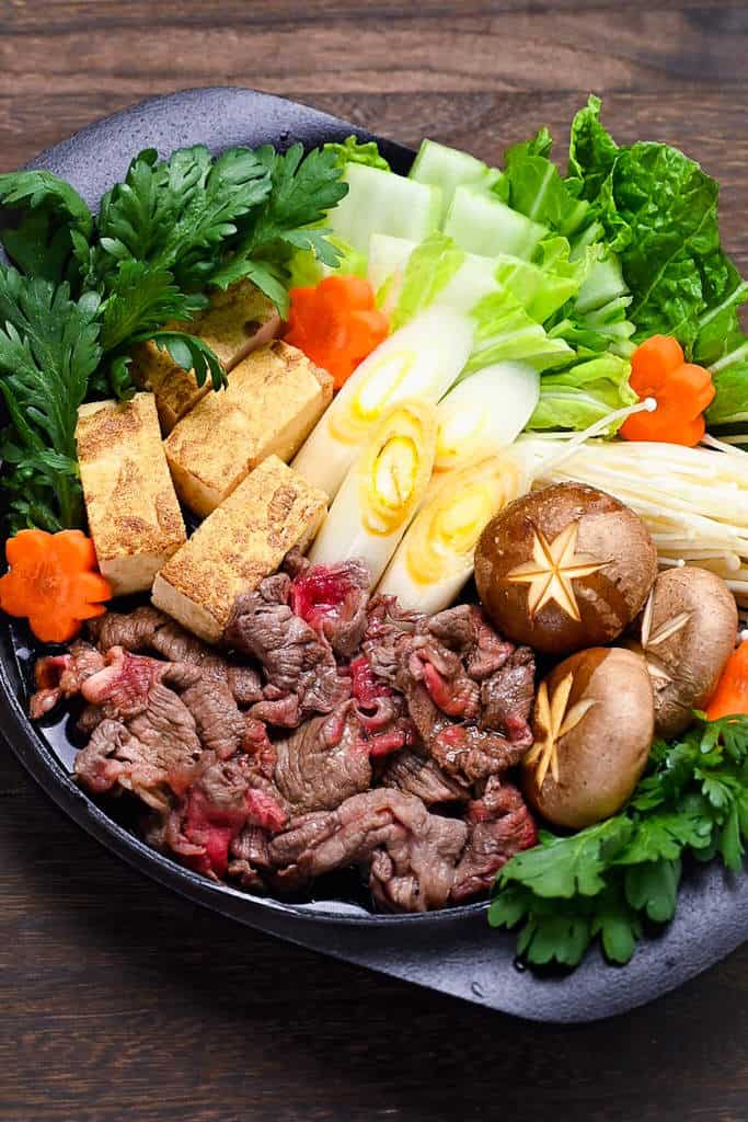 Sukiyaki Beef Hot Pot with vegetables and tofu