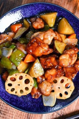 Japanese black vinegar chicken and vegetables (Ootoya style tori to yasai no kurozu an) on a blue plate