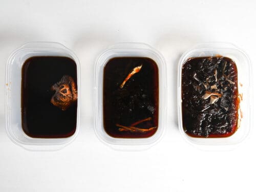 tsuyu sauce made with three types of dashi ingredients (left to right) shiitake, niboshi (dried sardines), katsuobushi and kombu (bonito flakes and dried kelp)