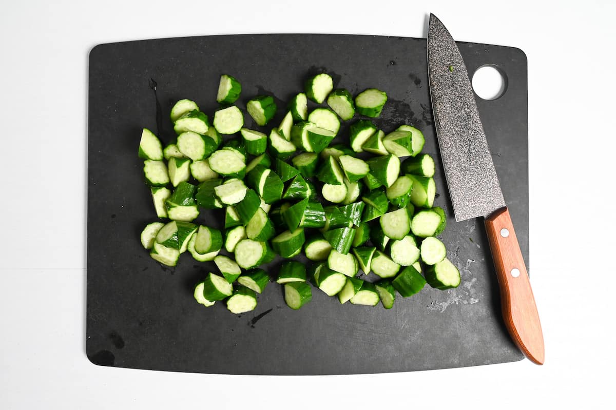 Japanese cucumber cut into rough chunks to make pickles