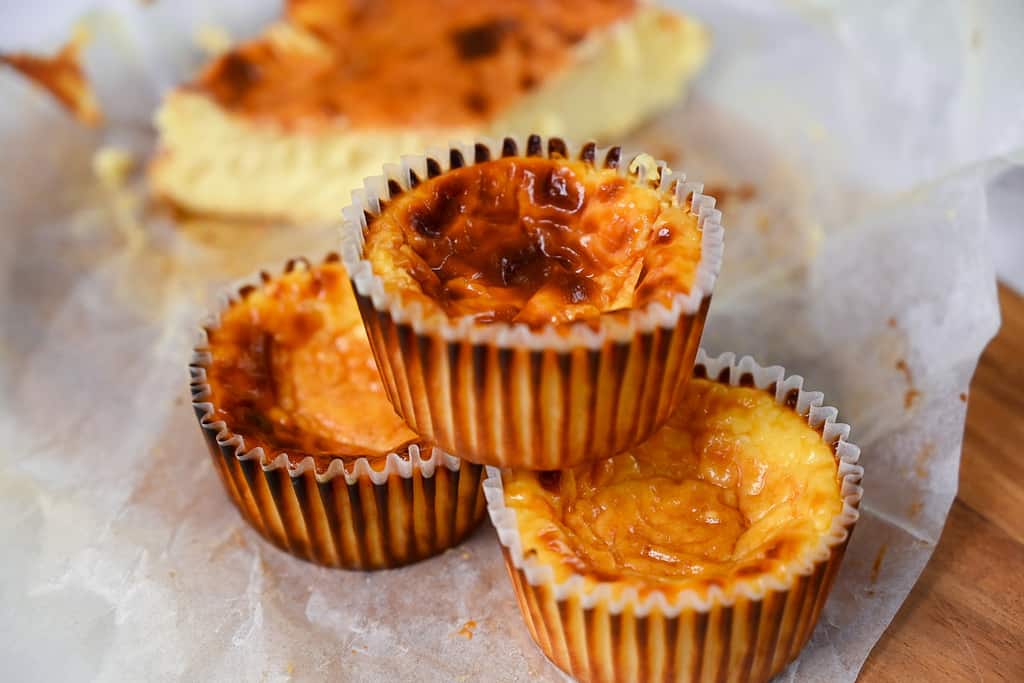 Mini basque cheesecakes in a pyramid formation