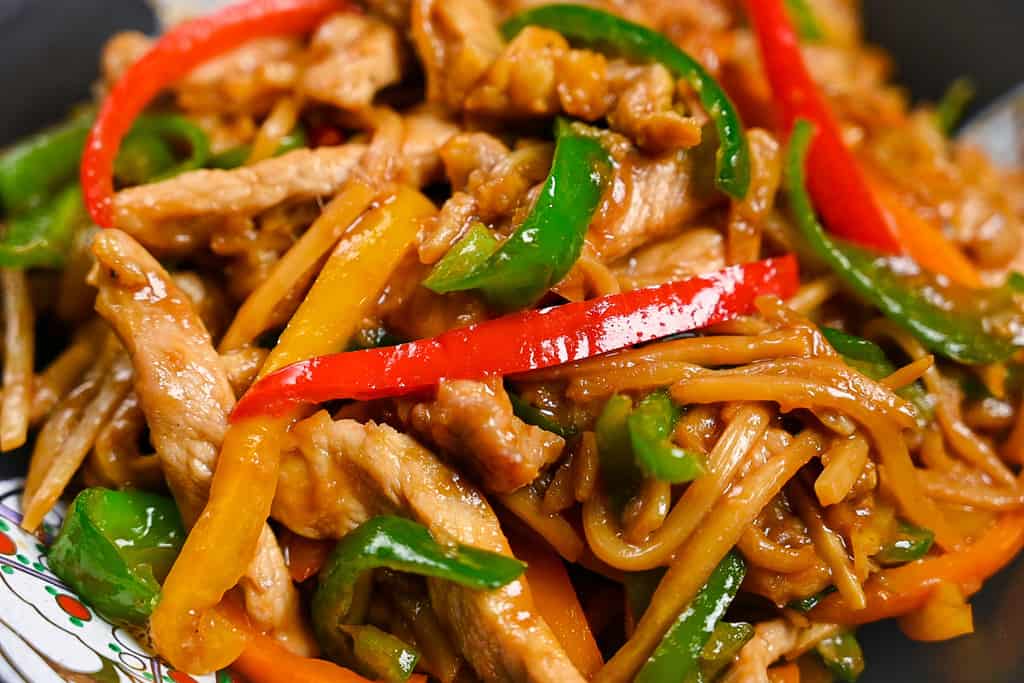 Chinjao Rosu Japanese pork and pepper stir fry close up